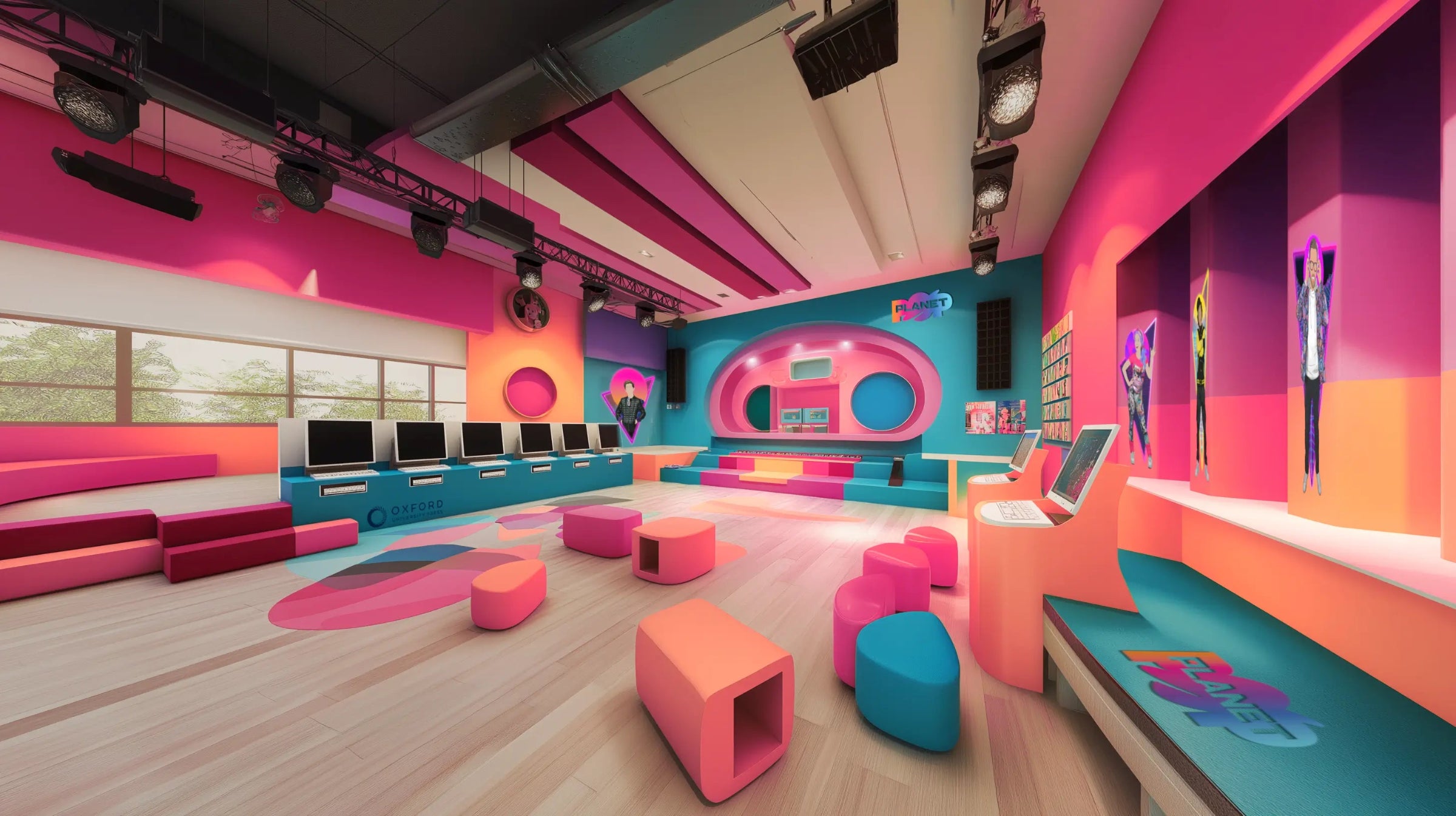 Colorful interior design with pink and blue furniture and decor.