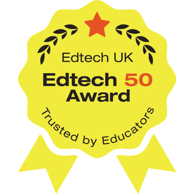 Edtech UK Edtech 50 Award badge with yellow background, black text, and red star.