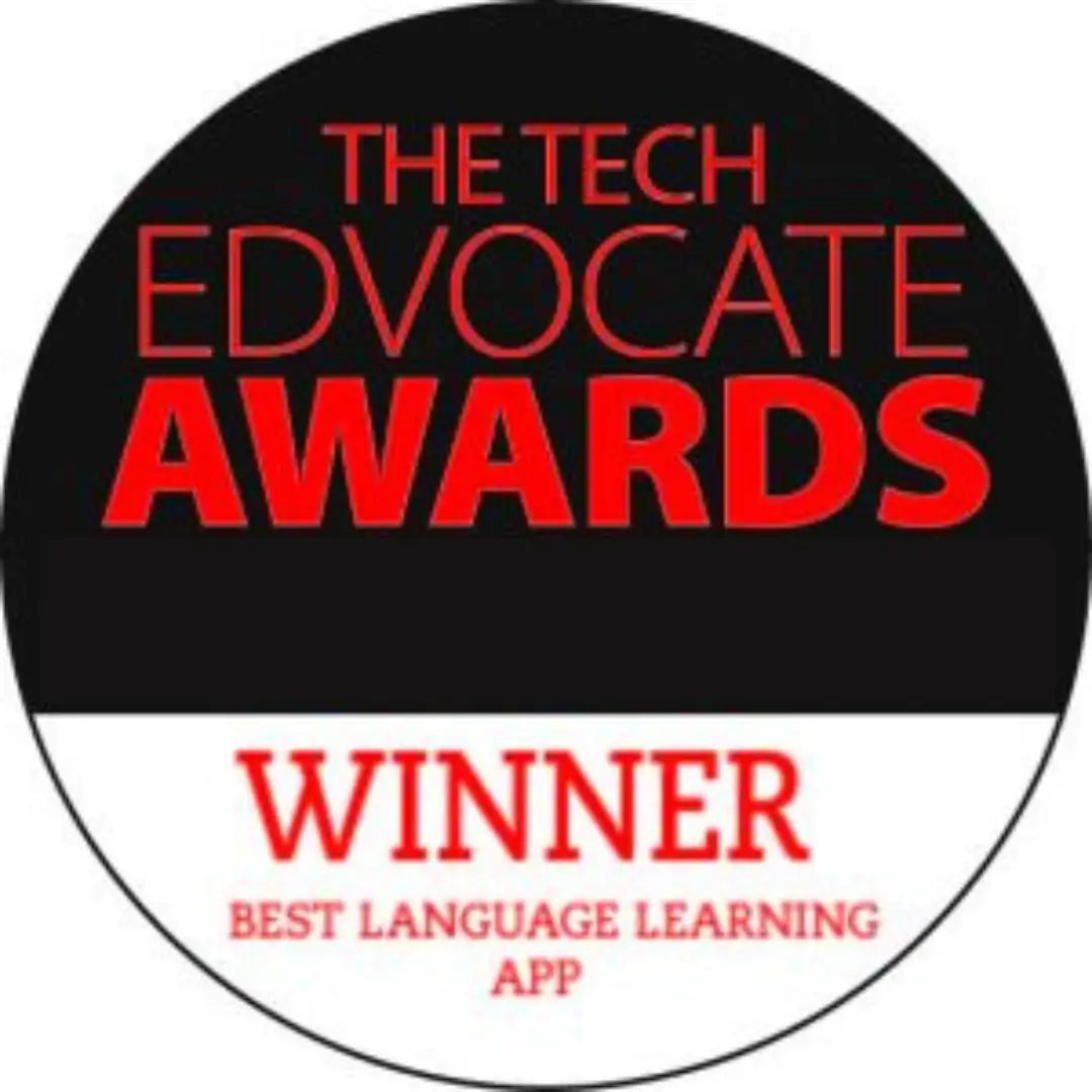 Circular badge with 'The Tech Edvocate Awards' text and 'Winner Best Language Learning App' on a black and white background
