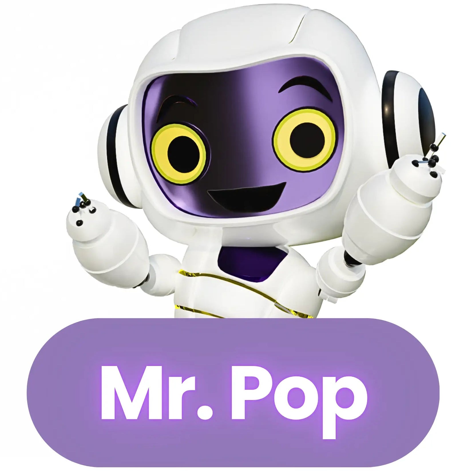 Toy figure of a character in an astronaut suit with 'Mr. Pop' text on a white background