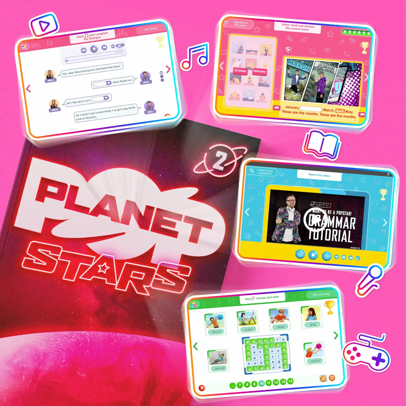 Multiple tablet screens displaying educational content on a pink background with 'Planet Stars' branding.
