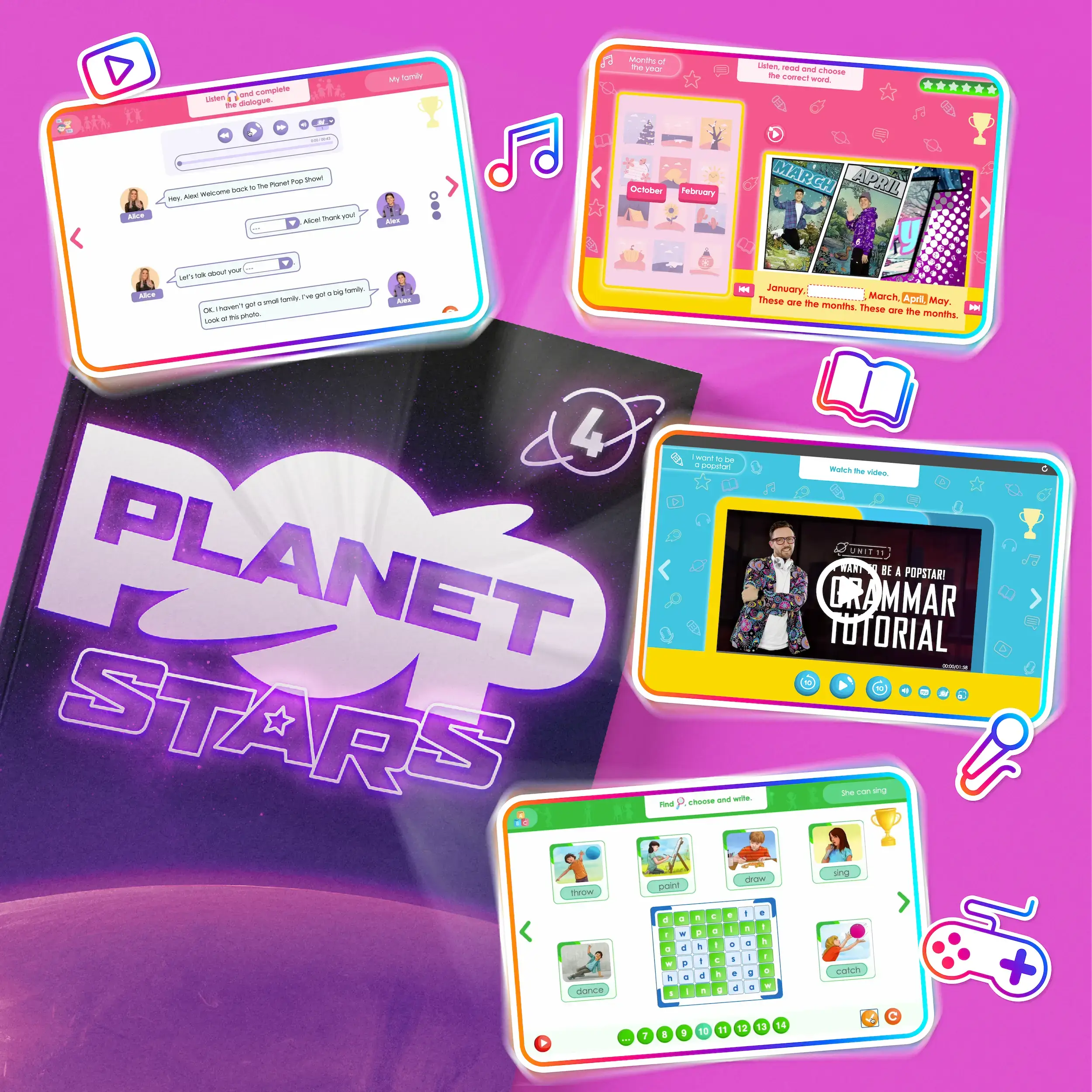 Multiple tablet screens displaying educational content on a pink and purple background with 'Planet Stars' branding.