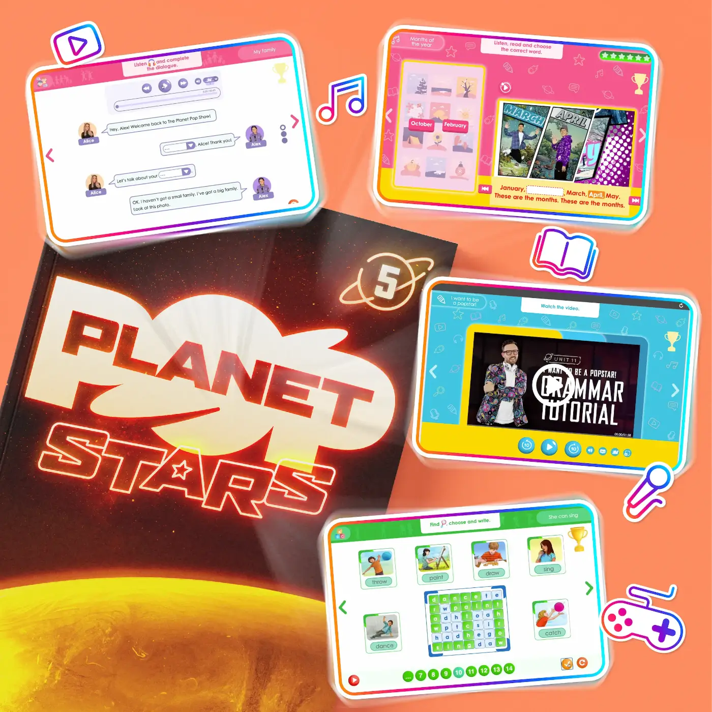 Four tablet screens displaying different interfaces on a 'Planet Stars' branded background.