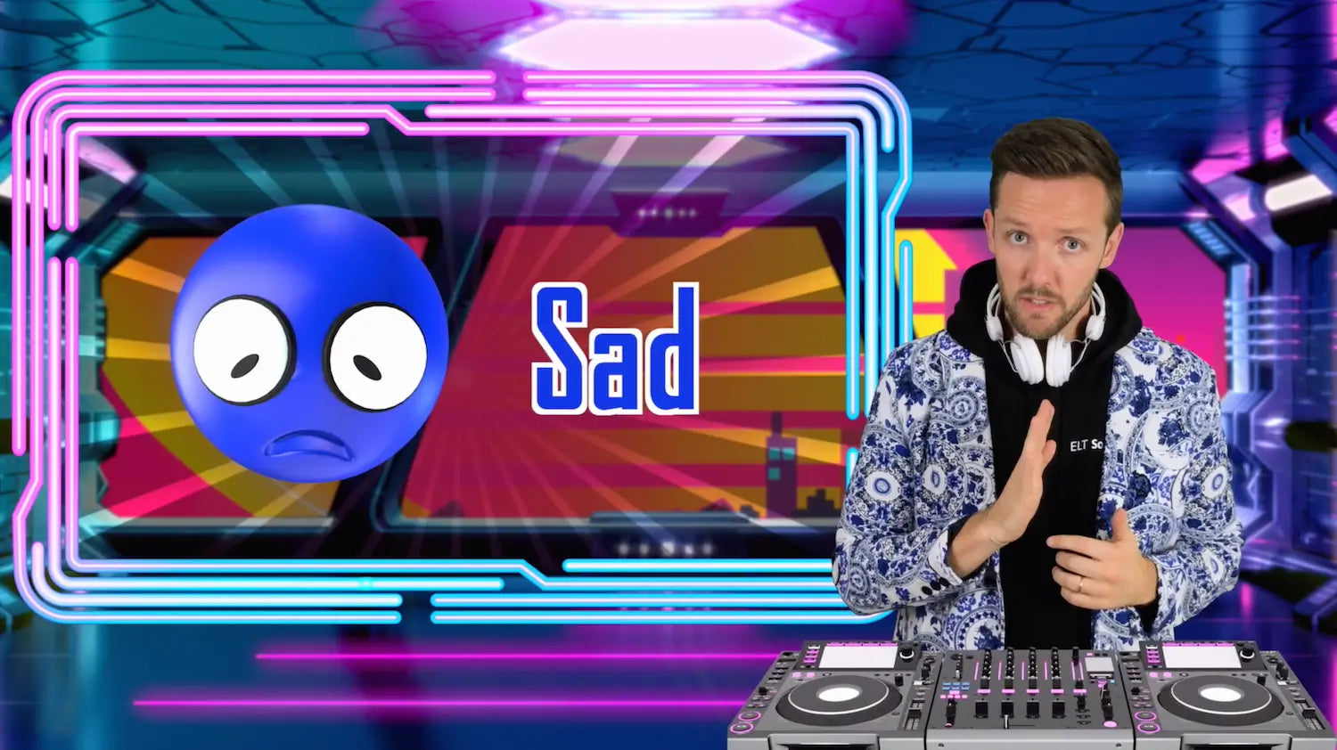 DJ in a colorful virtual studio with a blue character and 'Sad' text on screen