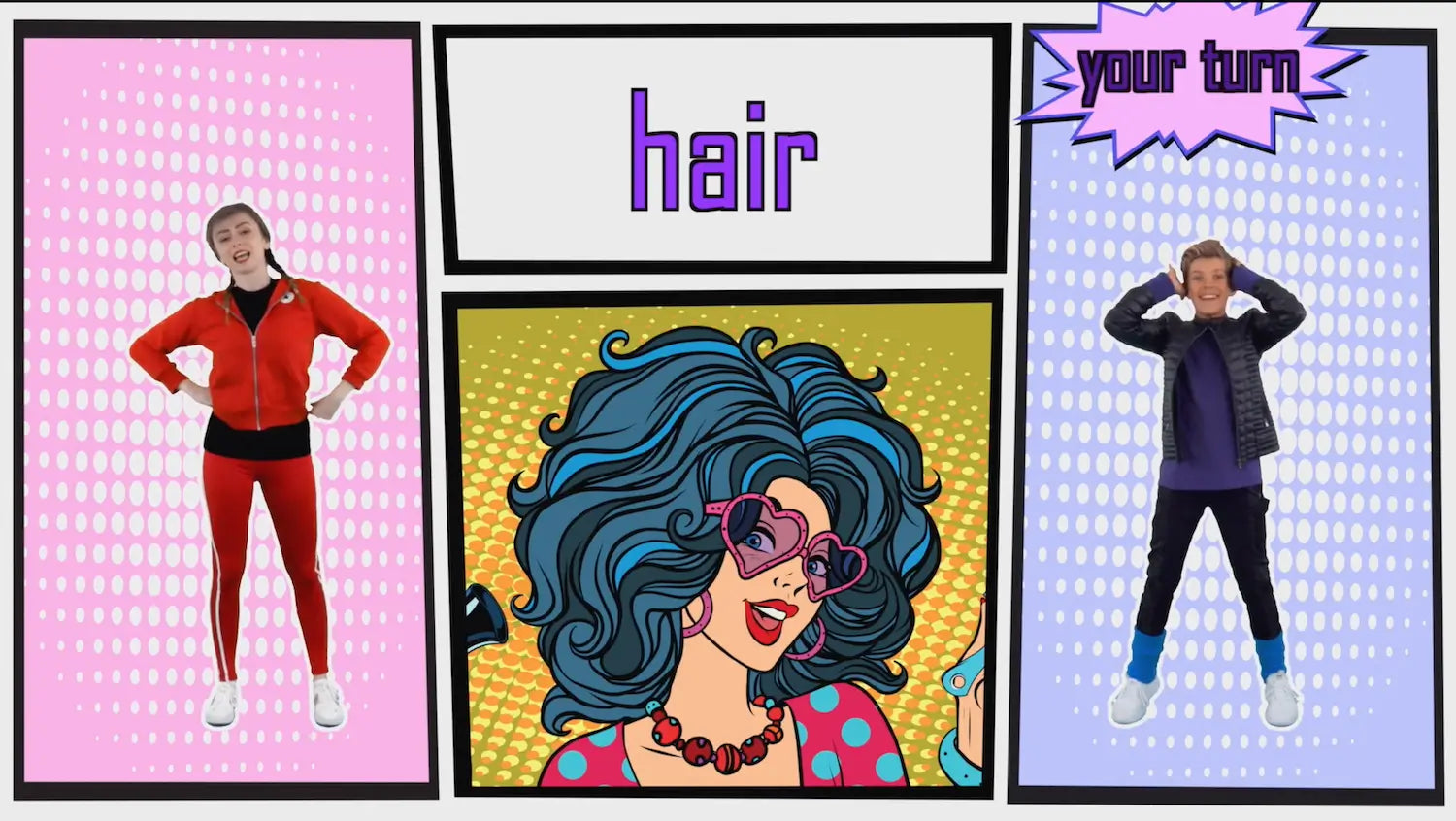 Pop art-style design with characters and text on a colorful background